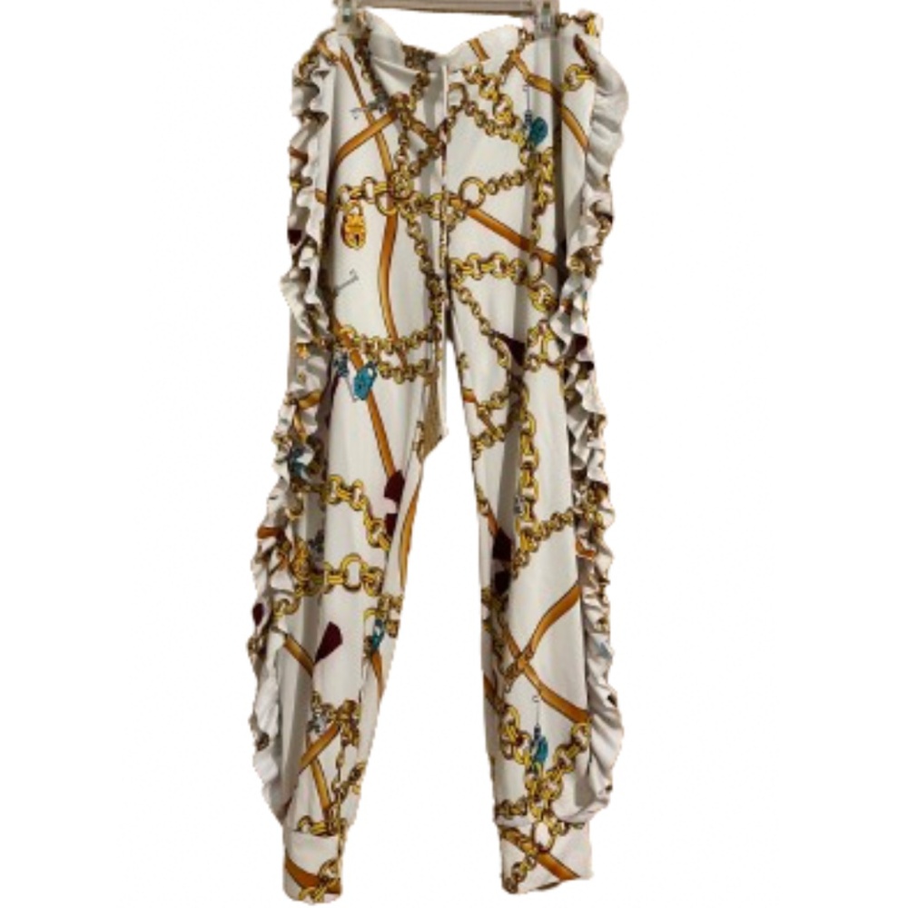 Women’s Vintage/Retro Style White Multi Golden Chain Print Ruffle Joggers Sz-3XL